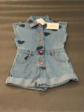 Billieblush Denim Heart Romper — Light Blue. Size 4